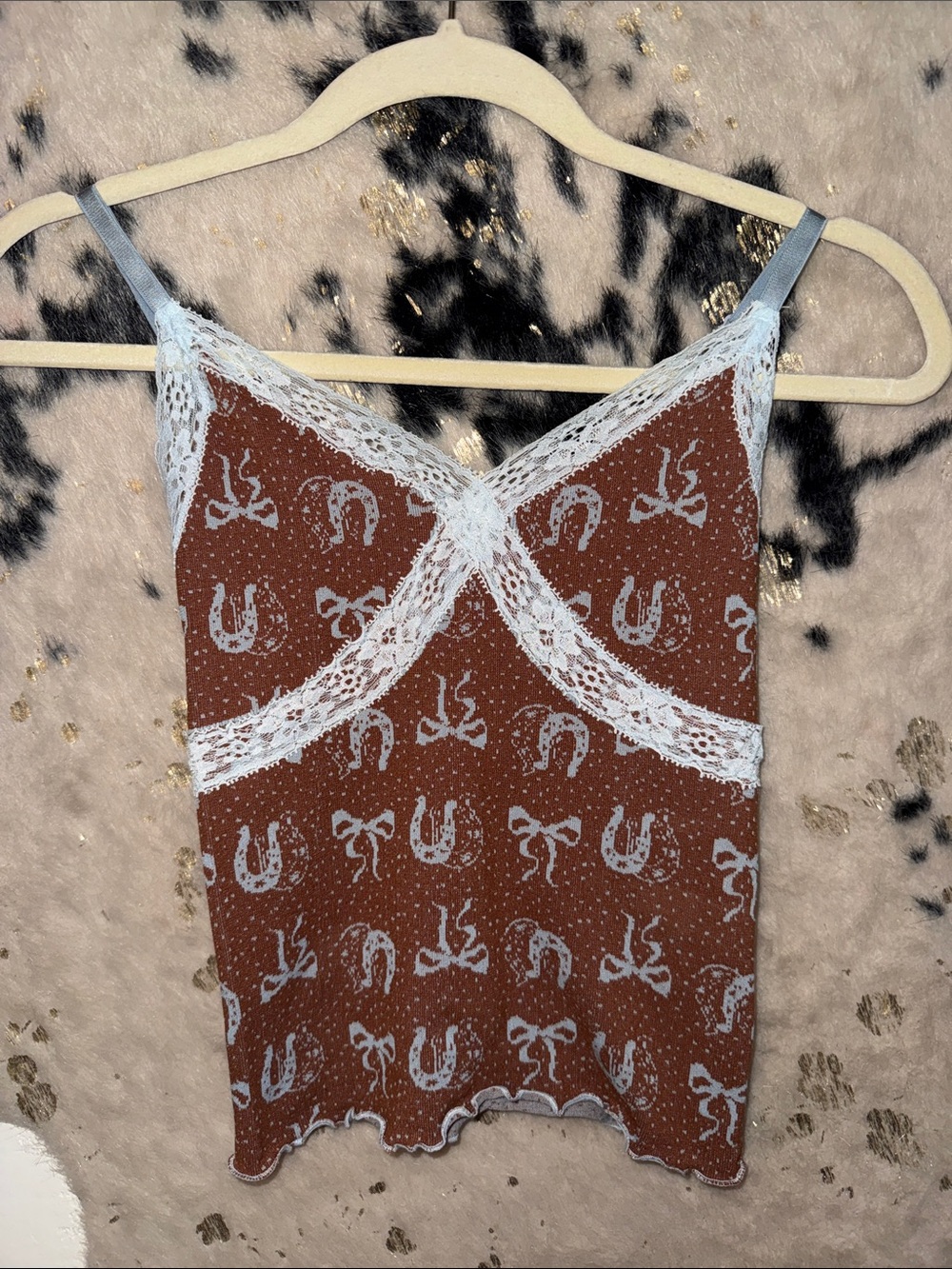 Urban Outfitters Rust and White Printed Lace-Trim Cami